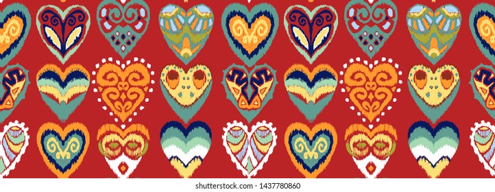 Valentine's day. Seamless pattern with hearts. Ikat geometric folklore ornament. Oriental vector damask print. Ancient art of Arabesque. Tribal ethnic texture. Spanish motif on the carpet.