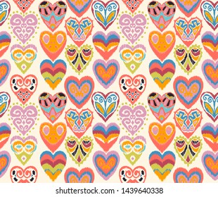 Valentine's day. Seamless pattern with hearts. Ikat geometric folklore ornament. Oriental vector damask print. Ancient art of Arabesque. Tribal ethnic texture. Spanish motif on the carpet.