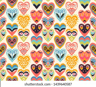 Valentine's day. Seamless pattern with hearts. Ikat geometric folklore ornament. Oriental vector damask print. Ancient art of Arabesque. Tribal ethnic texture. Spanish motif on the carpet.