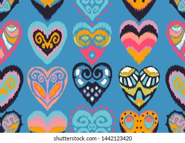 Valentine's day. Seamless pattern with hearts. Ikat geometric folklore ornament. Oriental vector damask print. Ancient art of Arabesque. Tribal ethnic texture. Spanish motif on the carpet.