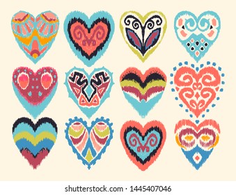 Valentine's day. Seamless pattern with hearts. Ikat geometric folklore ornament. Oriental vector damask print. Ancient art of Arabesque. Tribal ethnic texture. Spanish motif on the carpet.