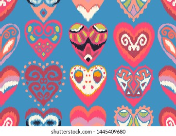 Valentine's day. Seamless pattern with hearts. Ikat geometric folklore ornament. Oriental vector damask print. Ancient art of Arabesque. Tribal ethnic texture. Spanish motif on the carpet.