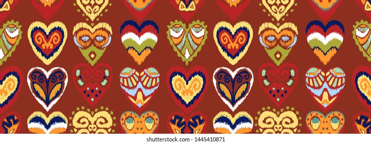 Valentine's day. Seamless pattern with hearts. Ikat geometric folklore ornament. Oriental vector damask print. Ancient art of Arabesque. Tribal ethnic texture. Spanish motif on the carpet.