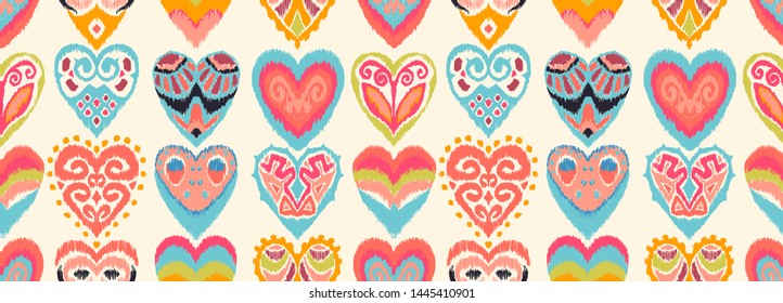 Valentine's day. Seamless pattern with hearts. Ikat geometric folklore ornament. Oriental vector damask print. Ancient art of Arabesque. Tribal ethnic texture. Spanish motif on the carpet.