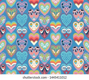 Valentine's day. Seamless pattern with hearts. Ikat geometric folklore ornament. Oriental vector damask print. Ancient art of Arabesque. Tribal ethnic texture. Spanish motif on the carpet.
