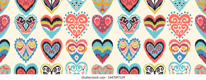 Valentine's day. Seamless pattern with hearts. Ikat geometric folklore ornament. Oriental vector damask print. Ancient art of Arabesque. Tribal ethnic texture. Spanish motif on the carpet.