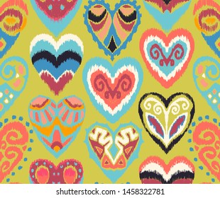 Valentine's day. Seamless pattern with hearts. Ikat geometric folklore ornament. Oriental vector damask print. Ancient art of Arabesque. Tribal ethnic texture. Spanish motif on the carpet.