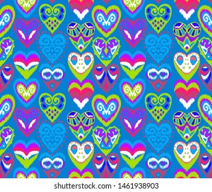 Valentine's day. Seamless pattern with hearts. Ikat geometric folklore ornament. Oriental vector damask print. Ancient art of Arabesque. Tribal ethnic texture. Spanish motif on the carpet.