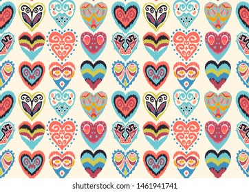 Valentine's day. Seamless pattern with hearts. Ikat geometric folklore ornament. Oriental vector damask print. Ancient art of Arabesque. Tribal ethnic texture. Spanish motif on the carpet.