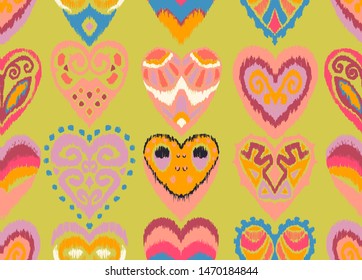 Valentine's day. Seamless pattern with hearts. Ikat geometric folklore ornament. Oriental vector damask print. Ancient art of Arabesque. Tribal ethnic texture. Spanish motif on the carpet.