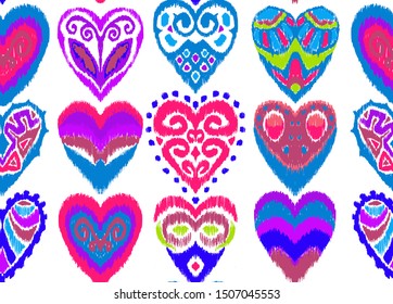Valentine's day. Seamless pattern with hearts. Ikat geometric folklore ornament. Oriental vector damask print. Ancient art of Arabesque. Tribal ethnic texture. Spanish motif on the carpet.