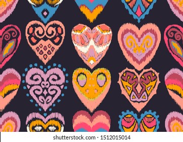 Valentine's day. Seamless pattern with hearts. Ikat geometric folklore ornament. Oriental vector damask print. Ancient art of Arabesque. Tribal ethnic texture. Spanish motif on the carpet.