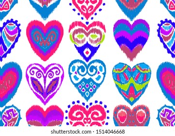 Valentine's day. Seamless pattern with hearts. Ikat geometric folklore ornament. Oriental vector damask print. Ancient art of Arabesque. Tribal ethnic texture. Spanish motif on the carpet.