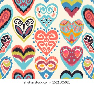 Valentine's day. Seamless pattern with hearts. Ikat geometric folklore ornament. Oriental vector damask print. Ancient art of Arabesque. Tribal ethnic texture. Spanish motif on the carpet.