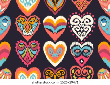 Valentine's day. Seamless pattern with hearts. Ikat geometric folklore ornament. Oriental vector damask print. Ancient art of Arabesque. Tribal ethnic texture. Spanish motif on the carpet.