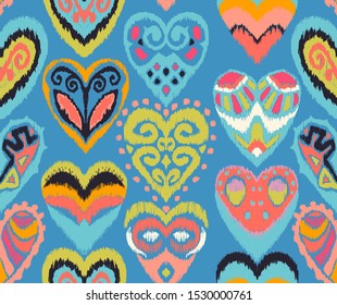 Valentine's day. Seamless pattern with hearts. Ikat geometric folklore ornament. Oriental vector damask print. Ancient art of Arabesque. Tribal ethnic texture. Spanish motif on the carpet.