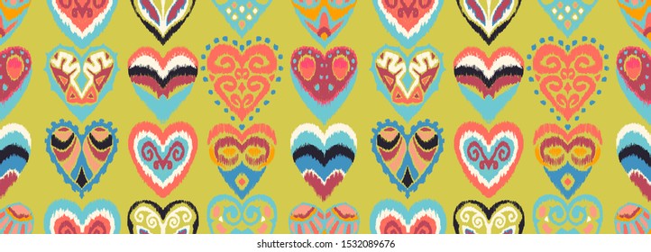 Valentine's day. Seamless pattern with hearts. Ikat geometric folklore ornament. Oriental vector damask print. Ancient art of Arabesque. Tribal ethnic texture. Spanish motif on the carpet.