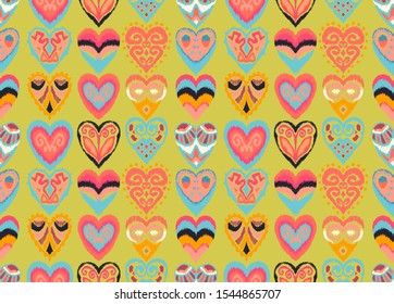 Valentine's day. Seamless pattern with hearts. Ikat geometric folklore ornament. Oriental vector damask print. Ancient art of Arabesque. Tribal ethnic texture. Spanish motif on the carpet.