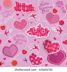Valentines Day seamless pattern with hearts, clouds and birds are made of checkered fabric on purple background