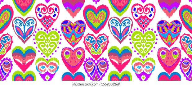 Valentine's day. Seamless pattern with hearts. Ikat geometric folklore ornament. Oriental vector damask print. Ancient art of Arabesque. Tribal ethnic texture. Spanish motif on the carpet.