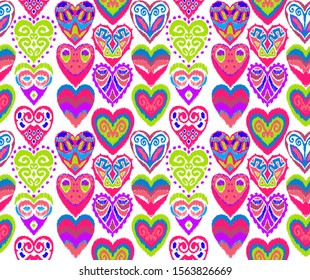 Valentine's day. Seamless pattern with hearts. Ikat geometric folklore ornament. Oriental vector damask print. Ancient art of Arabesque. Tribal ethnic texture. Spanish motif on the carpet.