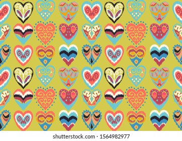 Valentine's day. Seamless pattern with hearts. Ikat geometric folklore ornament. Oriental vector damask print. Ancient art of Arabesque. Tribal ethnic texture. Spanish motif on the carpet.