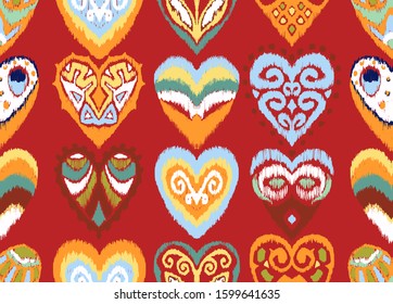 Valentine's day. Seamless pattern with hearts. Ikat geometric folklore ornament. Oriental vector damask print. Ancient art of Arabesque. Tribal ethnic texture. Spanish motif on the carpet.