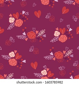 Valentine's Day seamless pattern with hearts, roses, bouquets and berries. Scandinavian style. Perfect for greeting cards, wallpaper, gift paper, wedding decorations