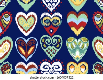 Valentine's day. Seamless pattern with hearts. Ikat geometric folklore ornament. Oriental vector damask print. Ancient art of Arabesque. Tribal ethnic texture. Spanish motif on the carpet.