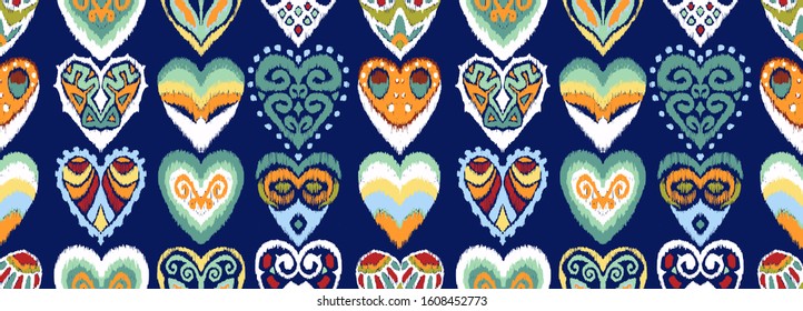 Valentine's day. Seamless pattern with hearts. Ikat geometric folklore ornament. Oriental vector damask print. Ancient art of Arabesque. Tribal ethnic texture. Spanish motif on the carpet.