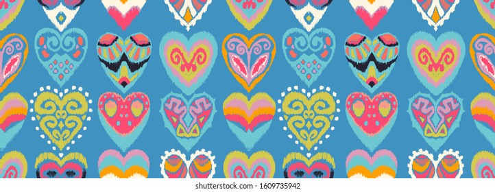 Valentine's day. Seamless pattern with hearts. Ikat geometric folklore ornament. Oriental vector damask print. Ancient art of Arabesque. Tribal ethnic texture. Spanish motif on the carpet.