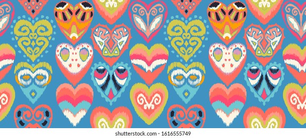 Valentine's day. Seamless pattern with hearts. Ikat geometric folklore ornament. Oriental vector damask print. Ancient art of Arabesque. Tribal ethnic texture. Spanish motif on the carpet.