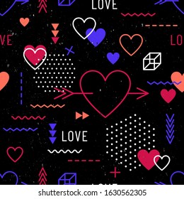 Valentine's Day seamless pattern with hearts and geometric symbols in retro 80s, 90s memphis style on black background. Old chalkboard effect. Trendy vibrant colors. Hipster design. Vector format.