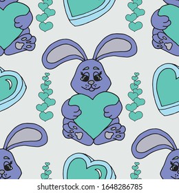 Valentine's day seamless pattern with hearts and a bunny.. Beautiful greeting card with valentines day seamless pattern. Red heart valentine love logo vector. Holiday background.Vector illustration