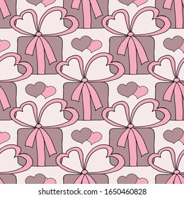 Valentine's day seamless pattern with hearts and gifts. Beautiful abstract pattern with Valentine's day seamless pattern for decorative design. Logo element for wedding illustration. Vintage design.