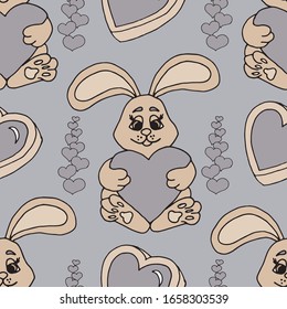 Valentine's day seamless pattern with hearts and a bunny.. Beautiful greeting card with valentines day seamless pattern. Red heart valentine love logo vector. Holiday background.Vector illustration