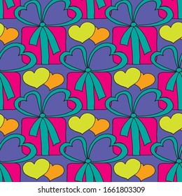 Valentine's day seamless pattern with hearts and gifts. Beautiful abstract pattern with Valentine's day seamless pattern for decorative design. Logo element for wedding illustration. Vintage design.