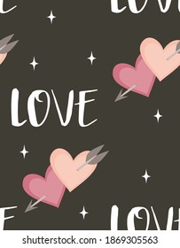 valentines day seamless pattern with hearts and arrow isolated on black background, greeting print