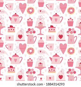 Valentine's Day Seamless Pattern With Hearts, Tea Pot, Bow, Cake Pops, Cake, Cupcake, Letter Envelope, Heart Shaped Diamond, Talk Cloud, Confetti. Hot Pink And Pastel Pink Colors. Vector Background.