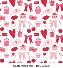 Valentine's Day Seamless Pattern With Hearts, Cherry, Bow, Lips, Cake, Cupcake, Heart Shaped Diamond Ring, Gift Box, Letter Envelope, Talk Cloud, Sprinkles And Confetti. Hot Pink And Pastel Pink Color