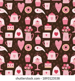 Valentine's Day Seamless Pattern With Hearts, Tea Pot, Bow, Cake Pops, Cake, Cupcake, Letter Envelope, Heart Shaped Diamond, Talk Cloud, Confetti. Hot Pink And Pastel Pink Colors. Vector Background.