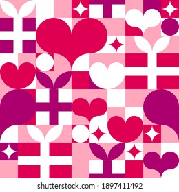 Valentines day seamless pattern with hearts, stars and gift boxes. Romantic background for 14 February in abstract geometric style.