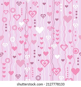 Valentines day seamless pattern with hearts, dots and circles on pink background