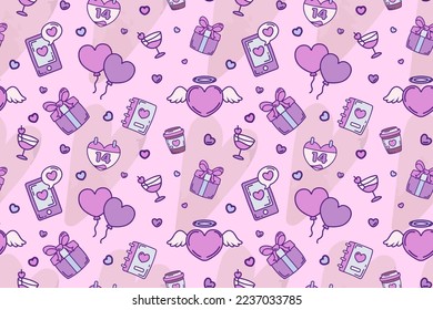 Valentine's day seamless pattern with hearts, balloons, love message, calendar on pink background. Valentines romantic wallpaper. For weddings, cards. Vector