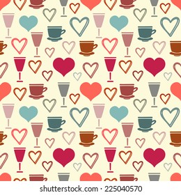 Valentines day seamless pattern with hearts, tea cups, glass. Abstract holidays tiling background. Print silhouette texture. Cloth design. Wallpaper 