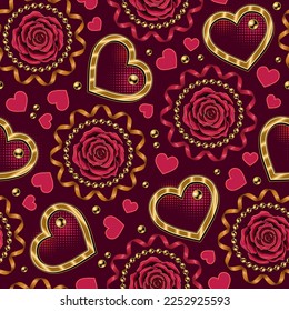 Patrón sin fisuras del día de San Valentín con corazones, flores de rosa, cinta espiral, serpentines, cuentas, formas de semitonos. Patrón vectorial para boda, evento de compromiso, Día de San Valentín, decoración de regalo.