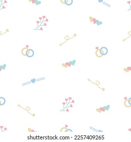 Valentine's Day seamless pattern. Hearts, cupid's arrow, rings. White background. Vector illustration
