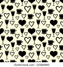 Valentines day seamless pattern with hearts, tea cups, glass. Abstract holidays tiling background. Print silhouette texture. Cloth design. Wallpaper 