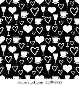 Valentines day seamless pattern with hearts, tea cups, glass in black and white. Abstract holidays tiling background. Print silhouette texture. Cloth design. Wallpaper 