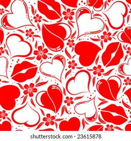 Valentines Day seamless pattern with Hearts, flower and lips, element for design, vector illustration